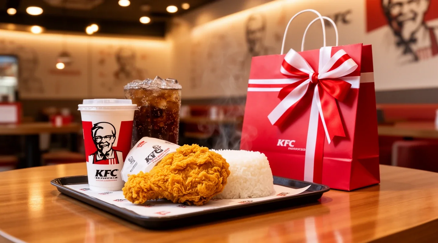 Satu potong ayam, satu nasi, dan satu minuman ringan untuk ulang tahun.